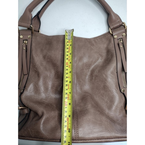 Y2K Taupe Faux Leather Hobo Bag Gold Hardware Buckle Detail Tote Zippers Brown - Picture 7 of 8